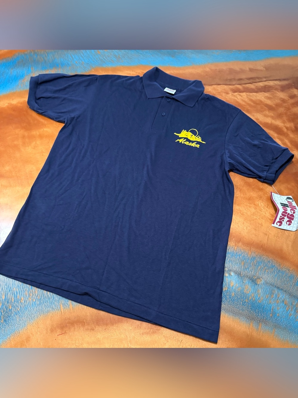 Vintage anvil Alaska logo Polo Shirt large navy yellow USA single stitch